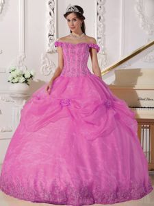 Appliqued Off Shoulder Flowers Organza Quinceanera Gown in Rose Pink