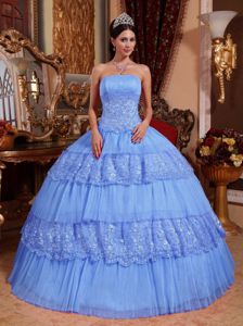 Light Blue Organza and Lace Strapless Appliqued Quince Dresses
