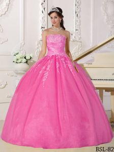 Appliqued Rose Pink Strapless Tulle Quinces Dresses Floor Length