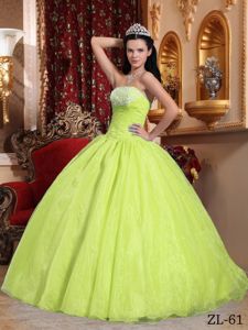Yellow Green Ruched Bodice Quince Dresses with Appliques