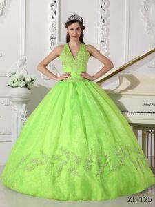 Embroidery Yellow Green Dresses Quinceanera with Halter Top