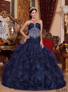 Beading Navy Blue Ruched Bodice Dress for a Quince with Ruffles