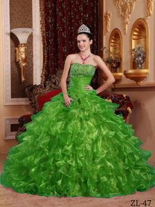 Popular Grass Green Beading Dresses for a Quince with Ruffles