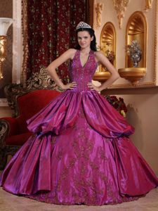 Haltered Fuchsia Appliqued Dress for Sweet 16 with Ruffles
