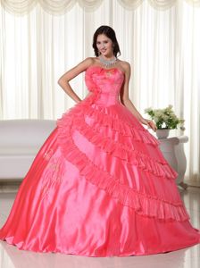 Coral Red Strapless Embroidery Dresses for a Quince with Pleats