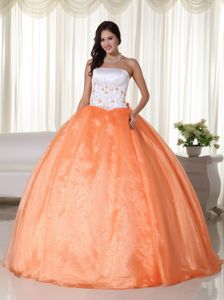 Simple Orange and White Quinceanera Gowns Wth Embroidery