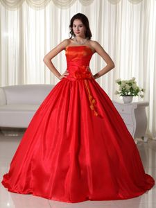 Red Strapless Quince Dresses with Handmade Flowers On Waist