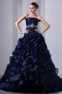Navy Blue A-line Dresses for a Quince with Appliqued Waist