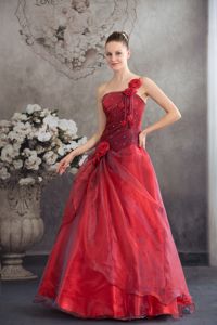 One Shoulder Beaded Red Sweet 16 Dress with Hand Made Flowers