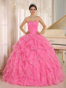 Ruched Bodice Rose Pink Ruffled Quinceanera Gowns