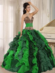 V-neck Colorful Ruffled Sweet 16 Dresses with Leopard Bodice