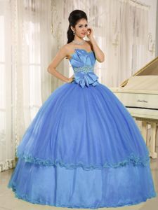 Sky Blue Strapless Quinceanera Gowns with Hand Made Flowers