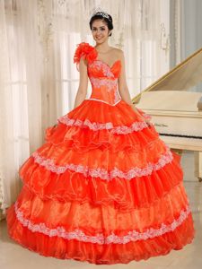 Orange Red One Floral Shoulder Quinceanera Dresses with Tiers