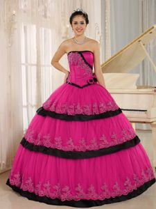 Strapless Coral Red Quinceanera Gowns with Hand Made Flowers