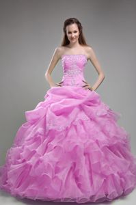 Rose Pink Ruffled Appliqued Quince Dresses with Pick-ups