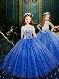 Scoop Clasp Handle Floor Length Blue Little Girl Pageant Dress Tulle Sleeveless Appliques