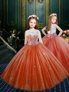 Scoop Floor Length Clasp Handle Child Pageant Dress Orange Red for Party and Wedding Party with Appliques