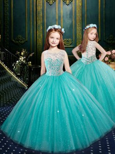 Blue Ball Gowns Scoop Sleeveless Tulle Floor Length Clasp Handle Appliques Kids Pageant Dress