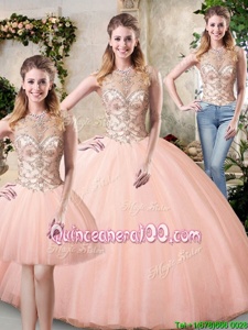 Glittering Scoop Peach Lace Up Sweet 16 Quinceanera Dress Beading Sleeveless Floor Length