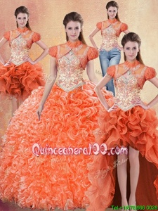 On Sale Four Piece With Train Orange Red Sweet 16 Dresses Straps Sleeveless Brush Train Lace Up