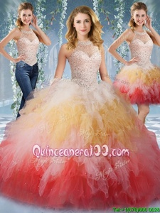 Unique Multi-color Ball Gowns Halter Top Sleeveless Tulle Floor Length Lace Up Beading and Ruffles Ball Gown Prom Dress