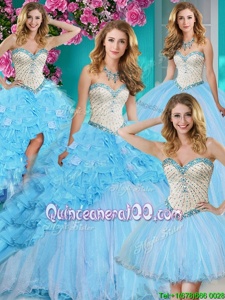 Discount Four Piece With Train Baby Blue Sweet 16 Quinceanera Dress Organza Brush Train Sleeveless Spring and Summer and Fall and Winter Beading and Ruffles