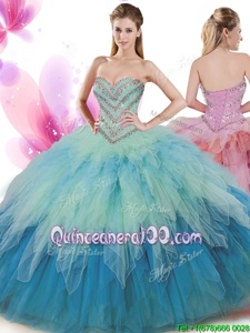 Colorful Sleeveless Tulle Floor Length Lace Up Quinceanera Gowns inMulti-color forSpring and Summer and Fall and Winter withBeading and Ruffles