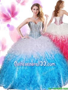Simple White and Baby Blue Organza Lace Up Sweetheart Sleeveless Floor Length Vestidos de Quinceanera Beading and Ruffles