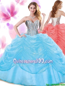 On Sale Baby Blue Organza Lace Up Ball Gown Prom Dress Sleeveless Floor Length Beading and Pick Ups
