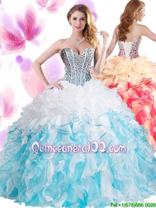 Excellent Floor Length Lace Up 15 Quinceanera Dress Blue And White and In forMilitary Ball and Sweet 16 and Quinceanera withBeading and Ruffles
