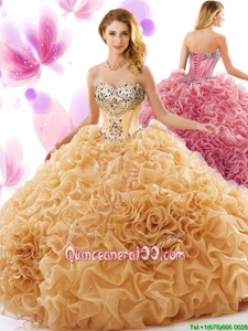 Traditional Orange Lace Up Quinceanera Dresses Beading and Ruffles Sleeveless Court Train