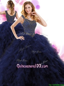 Fantastic Navy Blue Ball Gowns Tulle Scoop Sleeveless Beading and Ruffles Floor Length Zipper Quinceanera Dresses