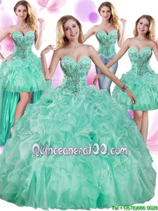 Cute Four Piece Floor Length Lace Up Quinceanera Gowns Apple Green and In forMilitary Ball and Sweet 16 and Quinceanera withBeading and Ruffles