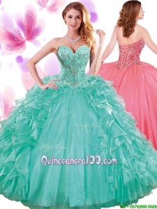 Exquisite Turquoise Sleeveless Beading and Ruffles and Pick Ups Floor Length Quinceanera Dress