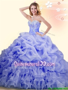 Spring and Summer and Fall and Winter Organza Sleeveless With Train Quinceanera Gown Brush Train andBeading and Ruffles and Pick Ups