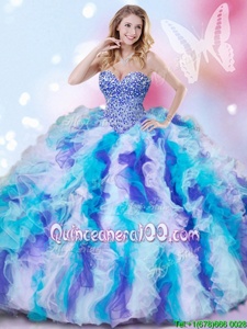 Stunning Beading and Ruffles 15 Quinceanera Dress Multi-color Lace Up Sleeveless