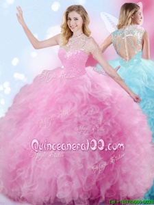 Edgy Rose Pink Zipper Quinceanera Gowns Beading and Ruffles and Pick Ups Sleeveless Floor Length