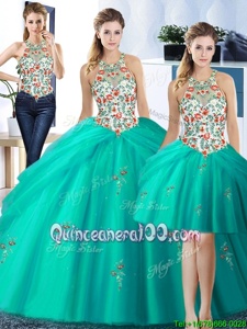 Artistic Three Piece Turquoise Tulle Lace Up Halter Top Sleeveless Floor Length 15th Birthday Dress Embroidery and Pick Ups