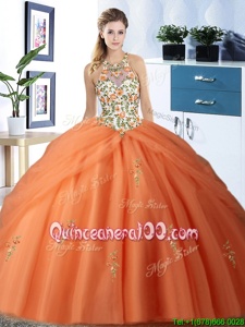 Colorful Halter Top Pick Ups Orange Sleeveless Tulle Lace Up Quince Ball Gowns forMilitary Ball and Sweet 16 and Quinceanera