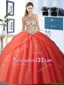 Shining Halter Top Sleeveless Tulle Floor Length Lace Up Sweet 16 Quinceanera Dress inWatermelon Red forSpring and Summer and Fall and Winter withEmbroidery and Pick Ups