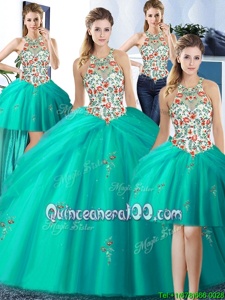 Custom Designed Four Piece Tulle Halter Top Sleeveless Lace Up Embroidery and Pick Ups Quinceanera Dresses inTurquoise