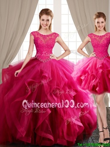 Spectacular Three Piece Scoop Cap Sleeves Tulle With Brush Train Lace Up Quinceanera Dress inHot Pink forSpring and Summer and Fall and Winter withBeading and Appliques and Ruffles