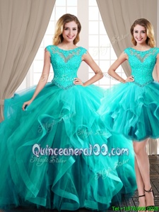 Classical Three Piece Scoop Cap Sleeves Brush Train Lace Up Ball Gown Prom Dress Aqua Blue Tulle