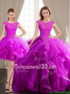 Glorious Three Piece Scoop Fuchsia Cap Sleeves Tulle Brush Train Lace Up Sweet 16 Quinceanera Dress forMilitary Ball and Sweet 16 and Quinceanera
