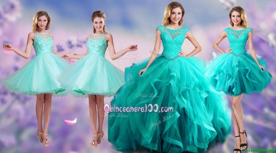 Super Scoop Floor Length Aqua Blue Ball Gown Prom Dress Tulle Sleeveless Spring and Summer and Fall and Winter Beading and Appliques and Ruffles