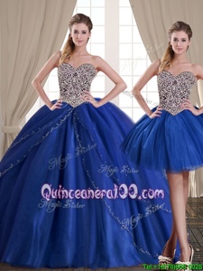 Cheap Three Piece Floor Length Royal Blue Sweet 16 Dresses Tulle Sleeveless Spring and Summer and Fall and Winter Beading