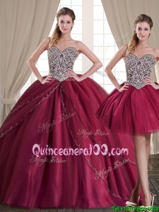Hot Sale Three Piece Sleeveless Tulle Floor Length Lace Up Sweet 16 Dresses inBurgundy forSpring and Summer and Fall and Winter withBeading