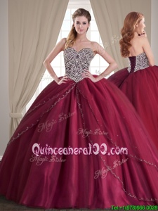 Simple Burgundy Tulle Lace Up Sweetheart Sleeveless With Train 15 Quinceanera Dress Brush Train Beading