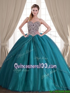 Latest Sweetheart Sleeveless Brush Train Lace Up Quinceanera Gown Teal Tulle