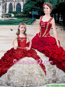 Customized White And Red Straps Lace Up Beading and Ruffles and Pick Ups Ball Gown Prom Dress Brush Train Sleeveless